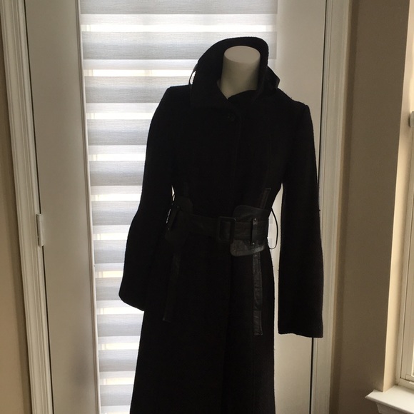 Mackage Black long wool blend with REAL LEATHER BELTS n TRIM NWT - Picture 17 of 17